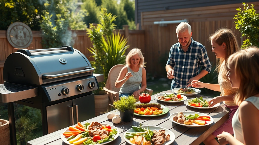 Family enjoying a backyard barbecue on a sunny afternoon with a hybrid grill, fresh vegetables and locally sourced food on plates, sustainable outdoor entertaining