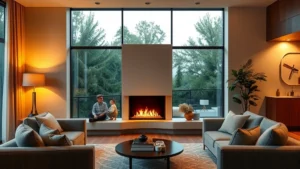 Modern corner gas fireplace with clean flames in contemporary living room, warm ambient lighting, comfortable seating arrangement, photorealistic interior design, no text or labels visible, sustainable home aesthetic
