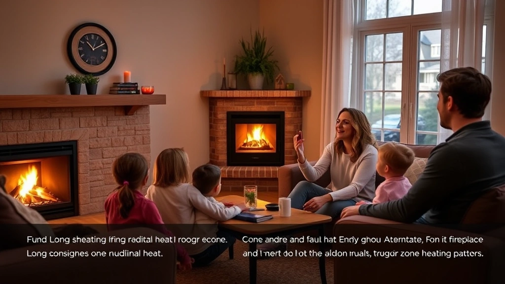 Family gathered in living room with activated corner gas fireplace providing radiant heat, cozy evening ambiance, zone heating demonstration, photorealistic lifestyle image, warm color palette, no signage or text