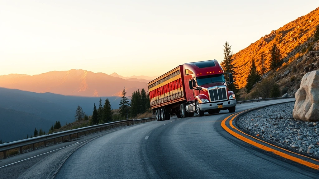 Scenic highway landscape with a loaded diesel truck ascending a mountain grade, demonstrating hauling capability and efficiency in real-world conditions, golden hour lighting, expansive mountain vista background, no signs or text visible