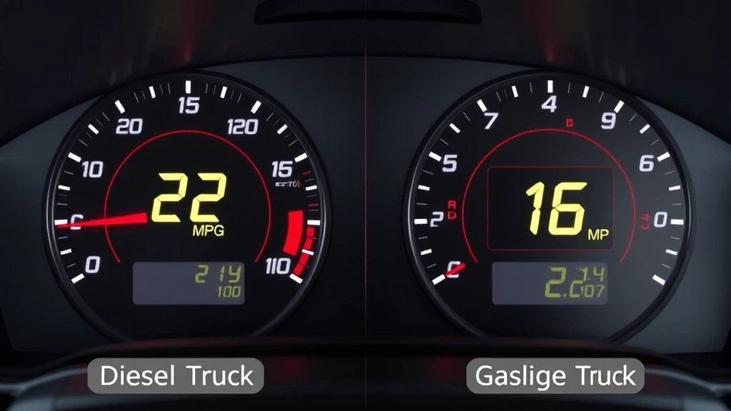 Split-screen comparison visualization showing fuel economy gauge on left reading 22 MPG for diesel truck and right showing 16 MPG for gasoline truck, modern digital dashboard style, clear numerical displays, no brand names or identifying text