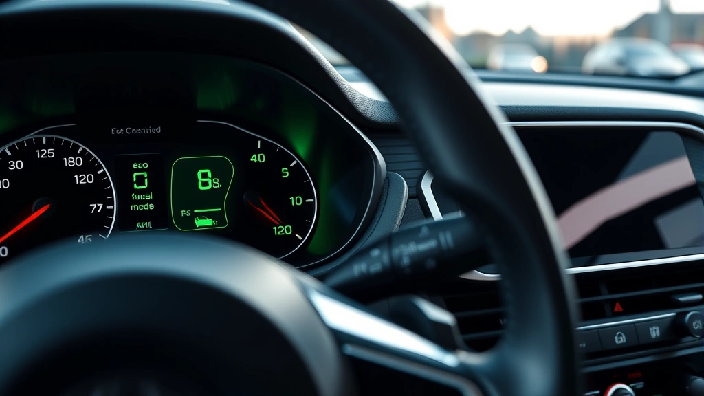 Modern car dashboard with eco mode button illuminated in green, showing fuel economy display metrics, realistic interior photography with natural lighting reflecting off steering wheel and console