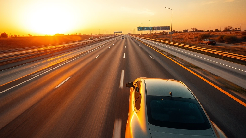 Aerial view of a car driving smoothly on a straight highway at sunset, demonstrating steady-speed fuel-efficient driving, golden hour lighting with clear road markings and minimal traffic