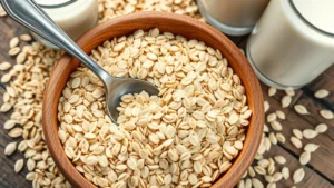 Close-up of organic rolled oats in a wooden bowl with a metal spoon, surrounded by fresh oat grains and a glass of plant-based milk on a rustic wooden table in natural daylight