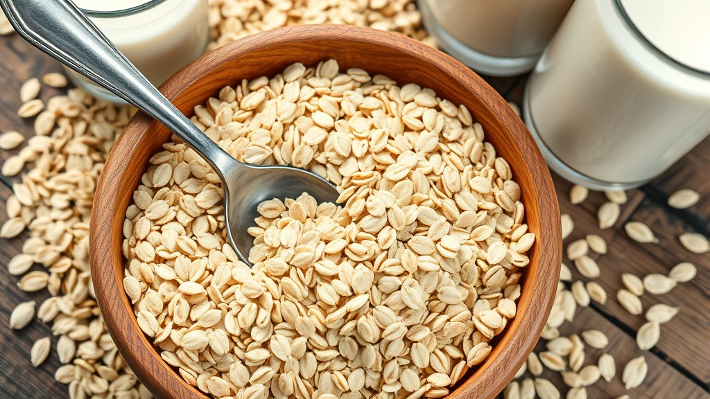 Close-up of organic rolled oats in a wooden bowl with a metal spoon, surrounded by fresh oat grains and a glass of plant-based milk on a rustic wooden table in natural daylight
