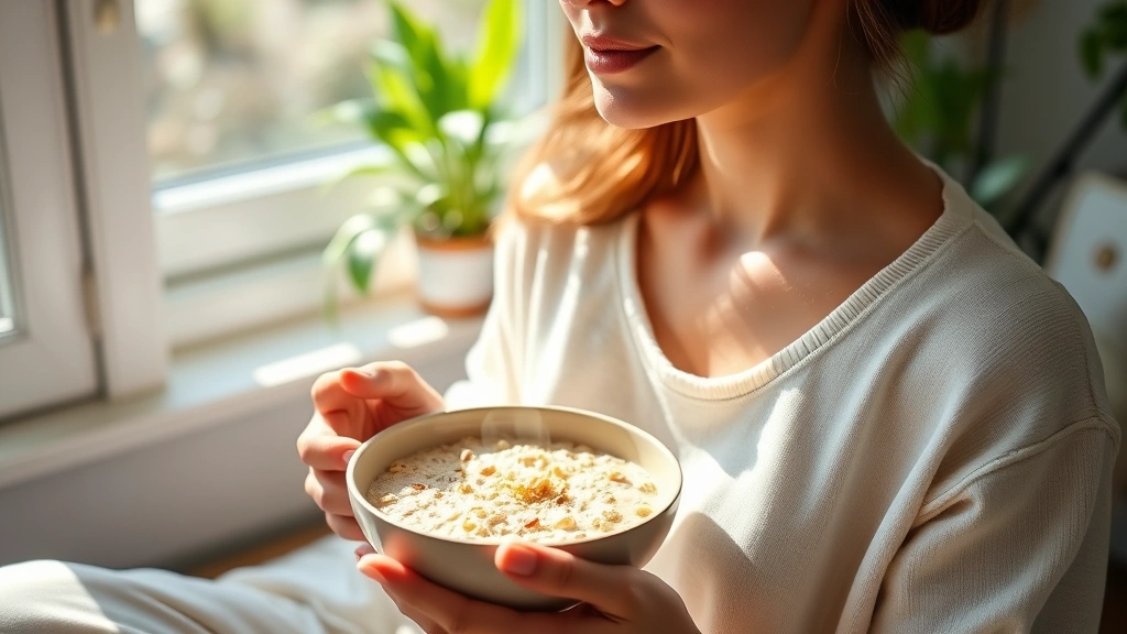 Serene image of a person practicing mindful eating, holding a bowl of warm oatmeal with visible steam, sitting peacefully in natural sunlight near a window with green plants in background