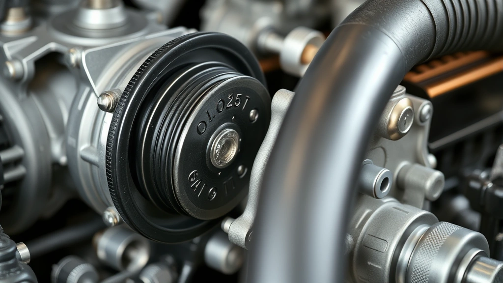 Close-up of car air conditioning compressor belt mechanism with metal components and internal engine parts visible, showing mechanical connection to engine block, photorealistic automotive detail