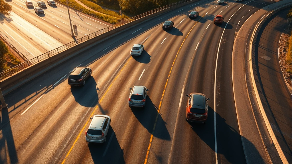 Aerial view of highway traffic during hot summer day with shimmering heat waves rising from asphalt, multiple vehicles driving with visible exhaust emissions, bright sunlight