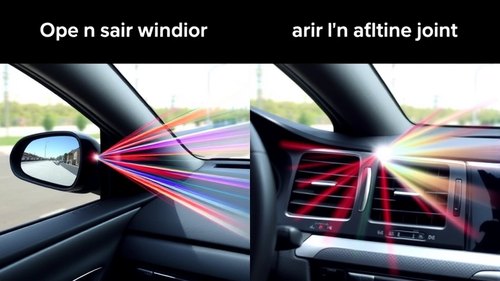 Split-screen comparison showing open car window with wind turbulence visualization on one side and quiet air conditioning vents on the other, demonstrating aerodynamic differences