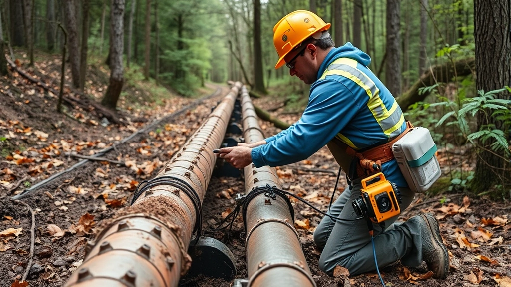 Utility worker inspecting natural gas pipeline infrastructure in North Carolina forest setting with moisture detection equipment and environmental monitoring devices visible