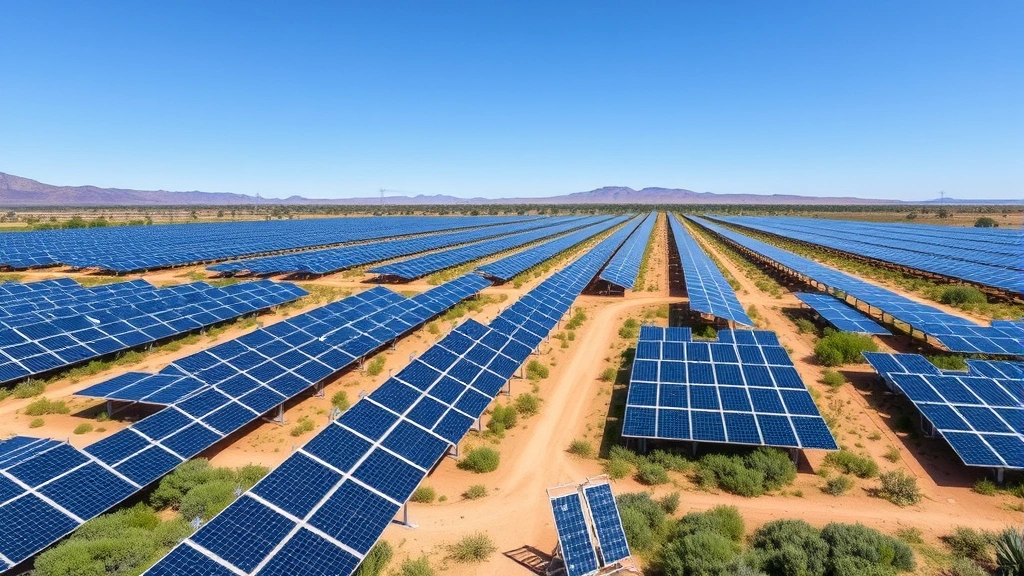 Large-scale solar farm installation with hundreds of photovoltaic panels arranged in rows across open landscape with blue sky and native vegetation