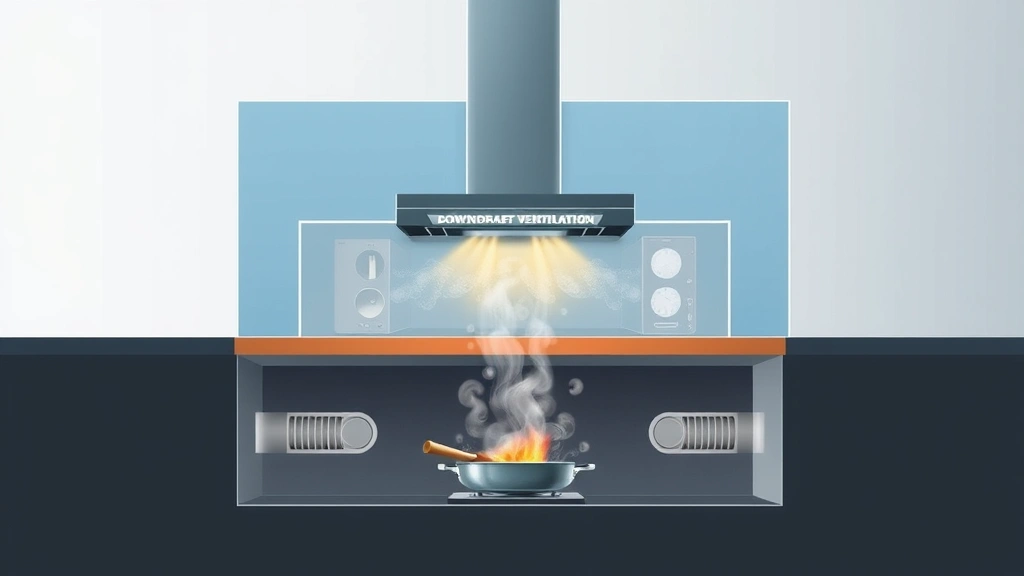 Cross-section technical illustration showing downdraft ventilation system pulling air downward through kitchen counter ducts, cooking steam visualization, clean modern aesthetic, no text overlays or labels, photorealistic
