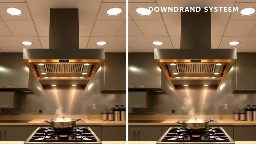 Split-screen comparison showing traditional overhead hood ventilation versus downdraft system from kitchen perspective, both actively ventilating cooking area, modern kitchen setting, professional lighting, no text or signage visible