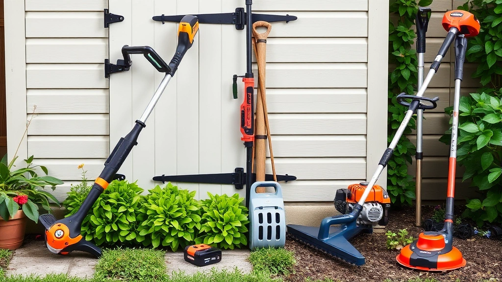 Side-by-side comparison scene showing an electric string trimmer and gas trimmer resting against a garden shed, with battery and charger visible near the electric model, surrounded by green foliage and garden tools