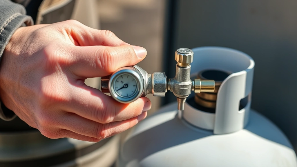 Close-up of refillable propane canister being installed into portable stove regulator valve system, hands showing proper connection technique in natural daylight