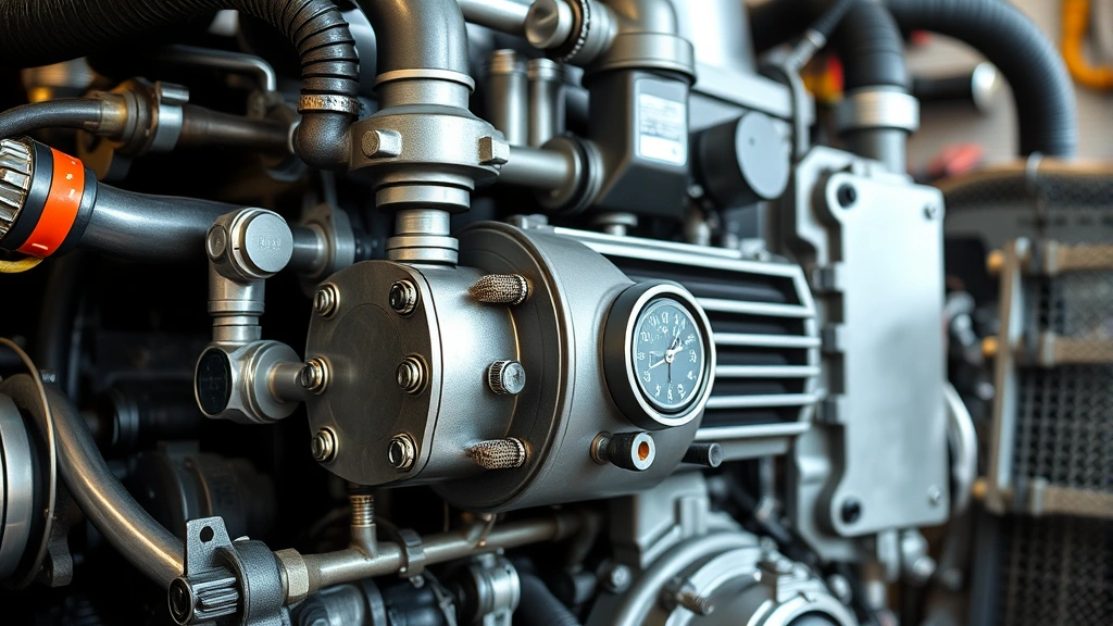 Close-up of modern diesel engine with visible EGR cooler and valve assembly showing metal piping and electronic sensors in natural workshop lighting, photorealistic detail