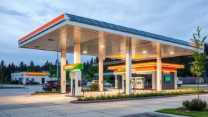 Modern express gas station with solar panels on canopy, electric vehicle charging stations visible, clean contemporary design with green landscaping, daytime lighting showing environmental commitment
