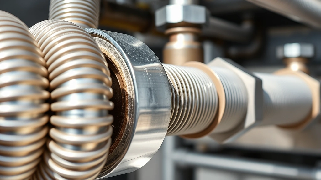 Close-up of corrugated stainless steel tubing with protective layers visible, showing the flexible gas line construction with metal shielding and connector fittings in a professional plumbing setting, natural lighting highlighting the metallic surface texture