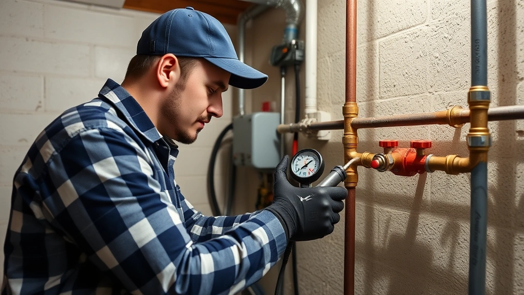 Licensed plumber performing pressure testing on a gas line system using digital pressure gauge equipment, demonstrating professional inspection protocols in a residential basement or utility area with proper safety procedures