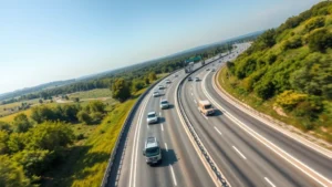 Aerial view of modern highway with multiple lanes, fuel-efficient vehicles traveling at steady speeds, green landscape alongside asphalt, clear sky conditions, sustainable transportation concept, photorealistic high-quality imagery