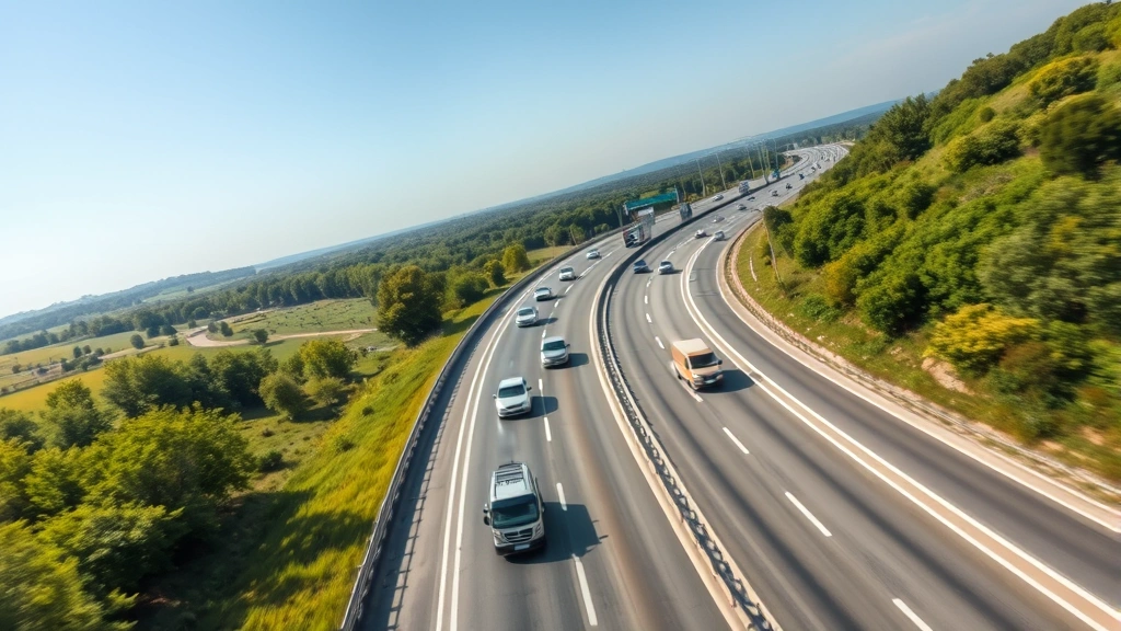Aerial view of modern highway with multiple lanes, fuel-efficient vehicles traveling at steady speeds, green landscape alongside asphalt, clear sky conditions, sustainable transportation concept, photorealistic high-quality imagery