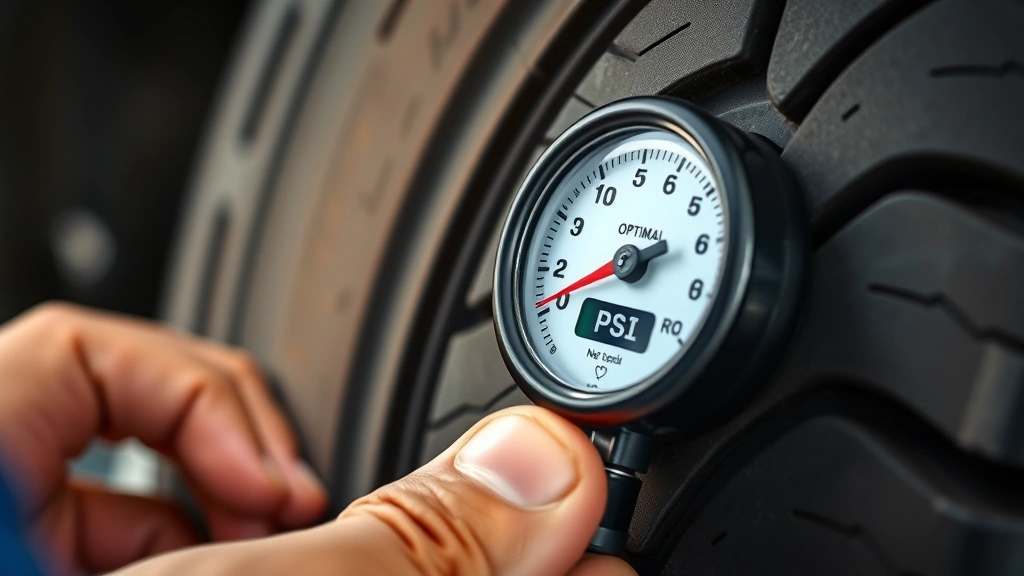 Close-up of truck tire pressure gauge showing optimal PSI reading, tire tread depth measurement, proper vehicle maintenance for fuel efficiency, mechanic's hands checking tire condition, detailed mechanical accuracy, realistic lighting