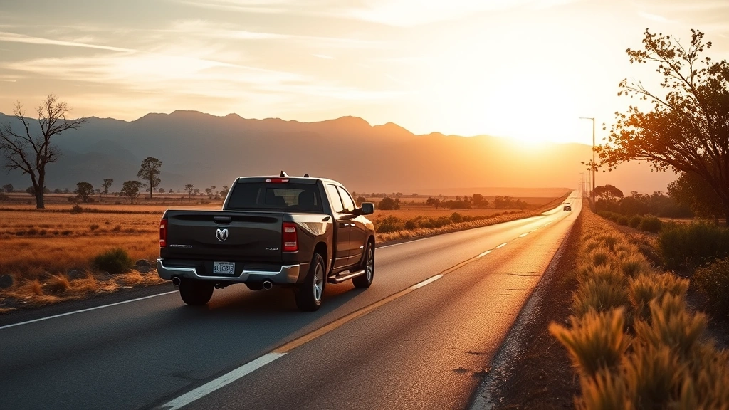 Rural landscape with pickup truck on open road, mountains in distance, minimal traffic, scenic driving conditions, fuel economy optimization environment, golden hour lighting, wide open spaces, sustainable travel concept