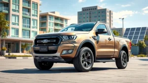 Ford Maverick compact pickup truck parked in modern sustainable city environment with green buildings and solar panels visible in background, natural daylight, photorealistic