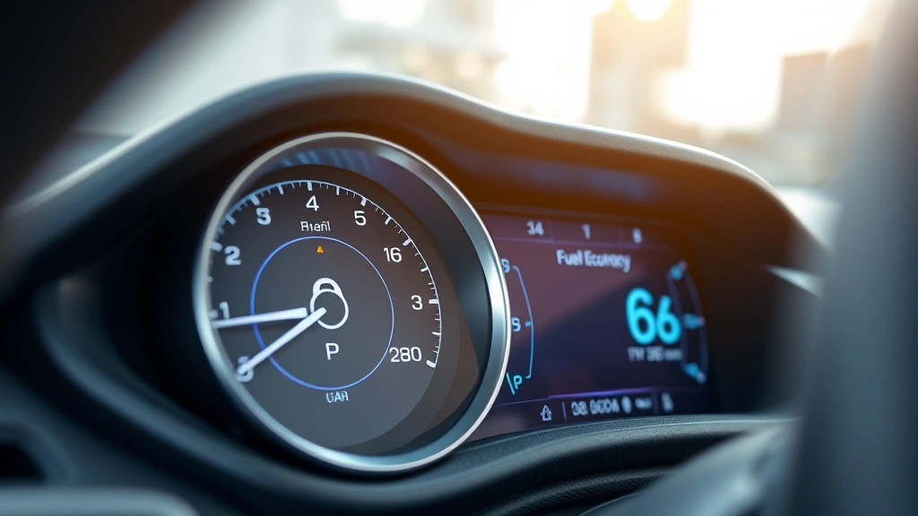 Close-up of fuel gauge and digital dashboard displaying real-time fuel economy metrics, modern vehicle interior, clean and minimalist design, photorealistic
