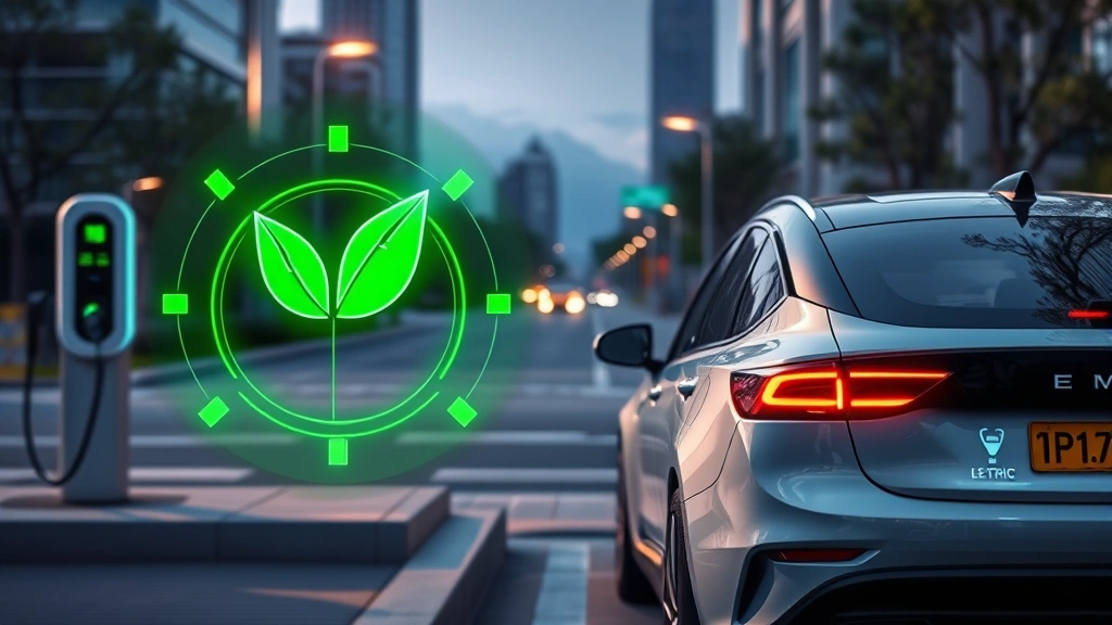 Photorealistic image of modern electric vehicle charging at public charging station with green renewable energy symbol overlay, showing clean technology infrastructure in urban setting with natural lighting