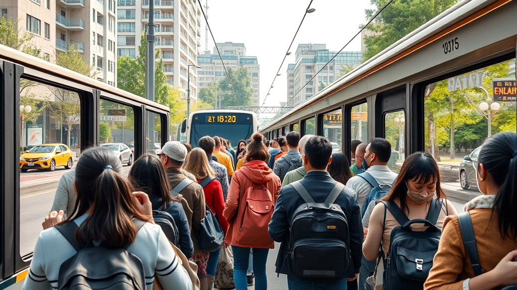 Photorealistic image of diverse commuters using public transportation including bus and light rail transit with sustainable urban architecture and green spaces visible, daytime natural lighting