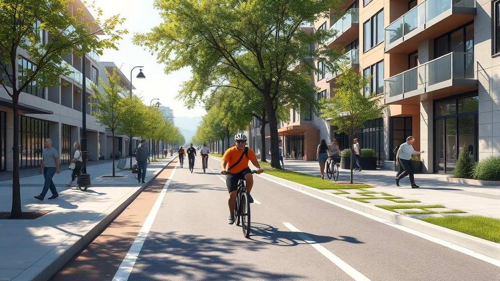 Photorealistic image of cyclist on protected bike lane in modern walkable neighborhood with pedestrians, trees, and sustainable urban design elements, sunny day with natural shadows