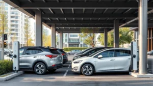Electric vehicle charging station with multiple vehicles parked, modern urban setting with green infrastructure, photorealistic daylight photography