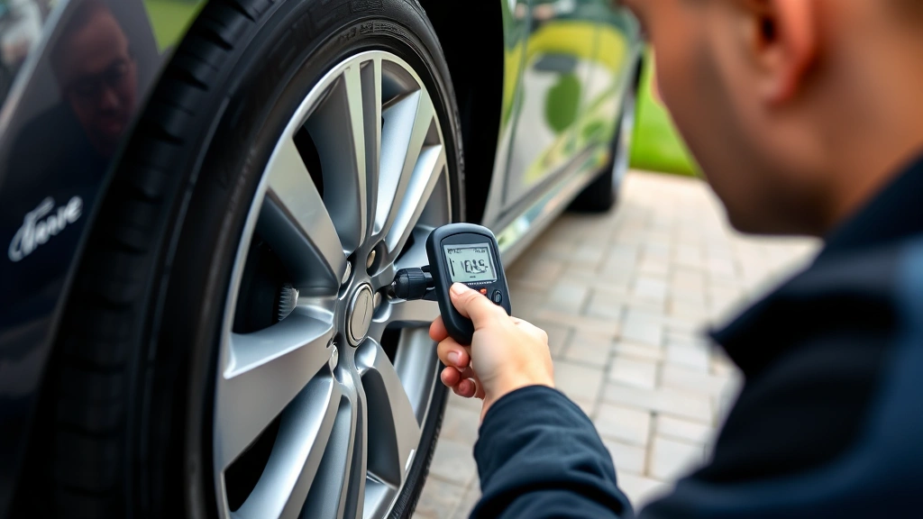 Person checking car tire pressure with digital gauge, well-maintained vehicle in driveway, professional automotive maintenance scene