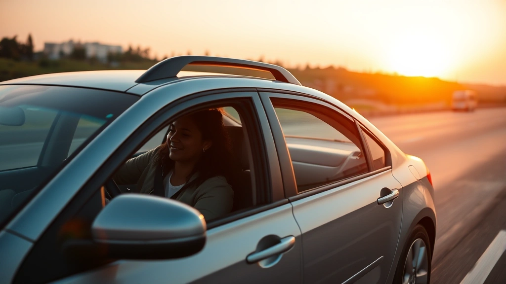 Carpooling commuters in a sedan on highway during sunrise, diverse group sharing vehicle, sustainable transportation lifestyle imagery