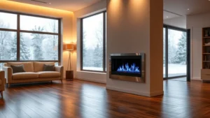 Modern minimalist living room with free-standing stainless steel gas fireplace producing blue flames, warm ambient lighting, hardwood floor, large windows showing snowy winter landscape outside, no visible text or labels