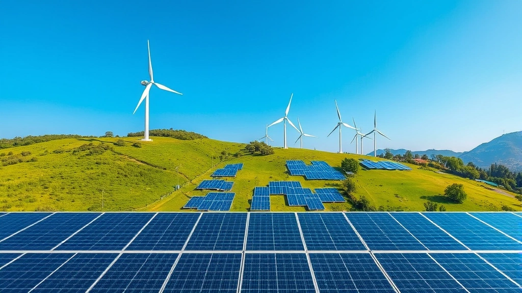 Aerial view of renewable energy solar panels and wind turbines on green hillside landscape, clear blue sky, vibrant natural environment, sustainable energy infrastructure, photorealistic environmental scene