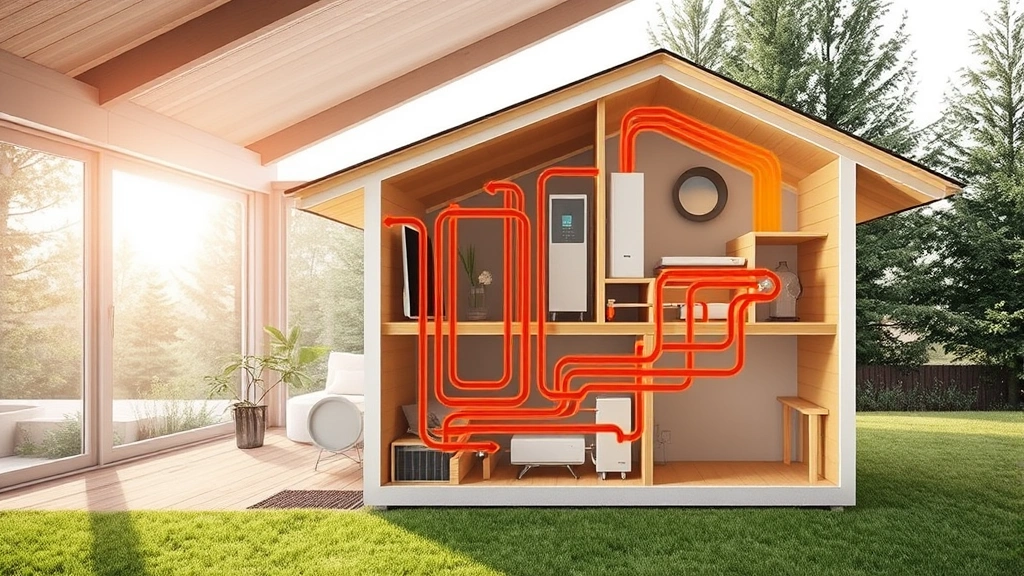 Cross-section diagram visualization showing heat pump system installation in residential home with efficient heating distribution, modern technology aesthetic, natural light streaming through windows, eco-friendly home design