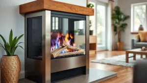 Close-up of modern freestanding stainless steel gas fireplace with ceramic logs and realistic blue flame, surrounded by natural stone hearth and wooden mantel in bright living room with eco-friendly furnishings
