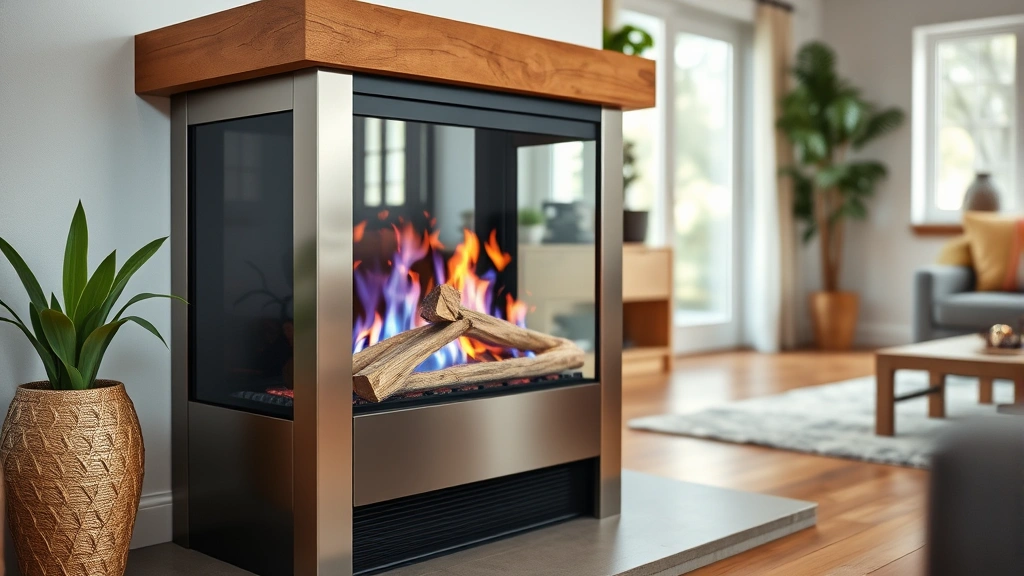 Close-up of modern freestanding stainless steel gas fireplace with ceramic logs and realistic blue flame, surrounded by natural stone hearth and wooden mantel in bright living room with eco-friendly furnishings