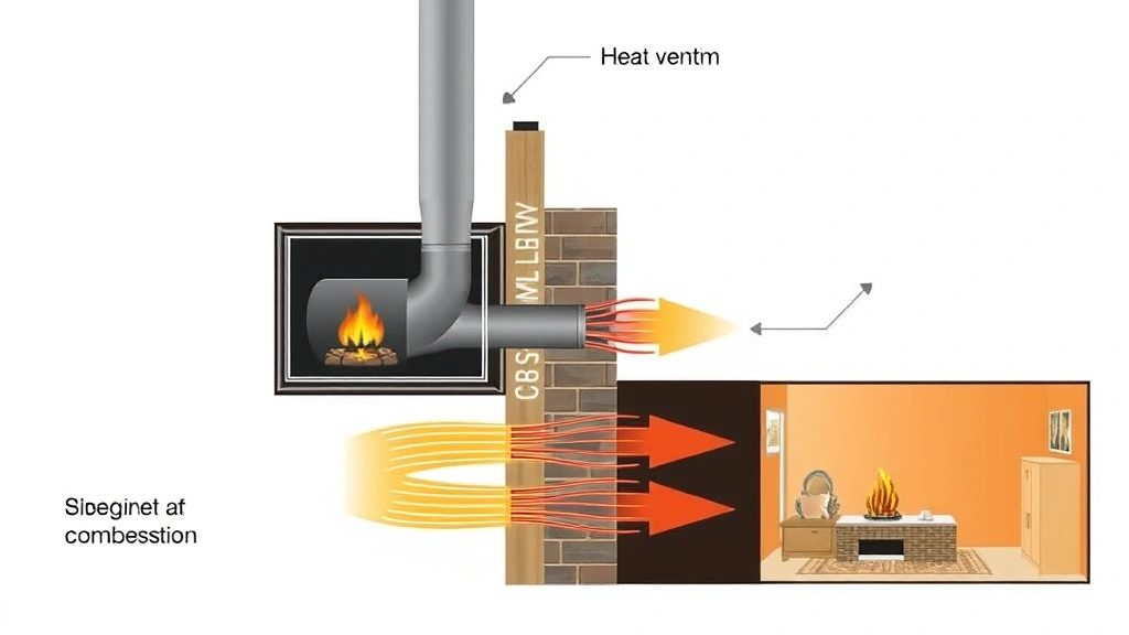Cross-section diagram view of direct vent gas fireplace system showing sealed combustion chamber, dual-pipe venting through exterior wall, and heat distribution into home interior