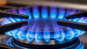 Close-up of a modern gas stove burner with blue flames igniting from sealed burner ports, showing even heat distribution and electronic ignition system