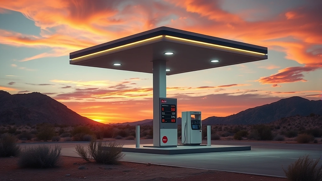 Modern gas station pump island at sunset with clean, well-lit canopy and digital price display, surrounded by desert landscape vegetation, photorealistic style