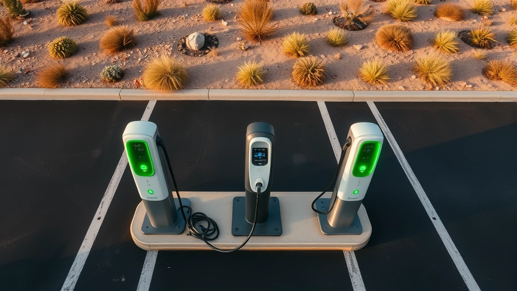 Overhead view of electric vehicle charging station in parking lot with multiple charging ports, green energy indicator lights, and desert landscaping in background