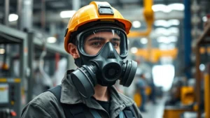 Industrial worker wearing full face gas mask in manufacturing facility with machinery and safety equipment visible, natural lighting, realistic workplace environment showing protective equipment in actual use