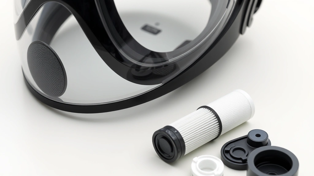 Close-up of elastomeric rubber and silicone facepiece material with detailed texture visible, alongside replacement filter cartridges and internal components arranged on neutral surface, showing product construction complexity