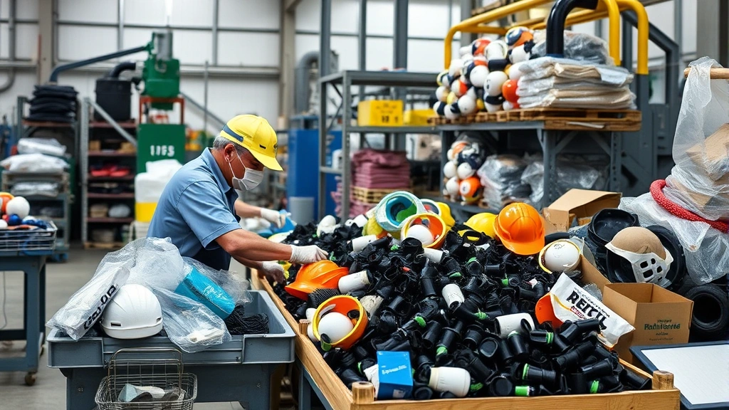 Recycling center worker sorting and processing protective equipment materials, with activated carbon filters and elastomeric materials in various stages of processing, demonstrating end-of-life management infrastructure