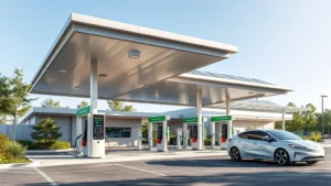 Modern full service gas station with sleek EV charging stations under contemporary canopy, electric vehicle plugged in, green landscaping, solar panels on roof, sustainable architecture design, daytime natural lighting, photorealistic