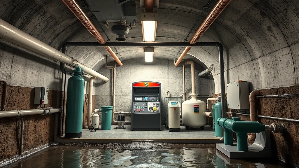 Underground view of water recycling system at gas station with filtration equipment and pipes, sustainable infrastructure technology, industrial clean environment, technical equipment demonstration, photorealistic