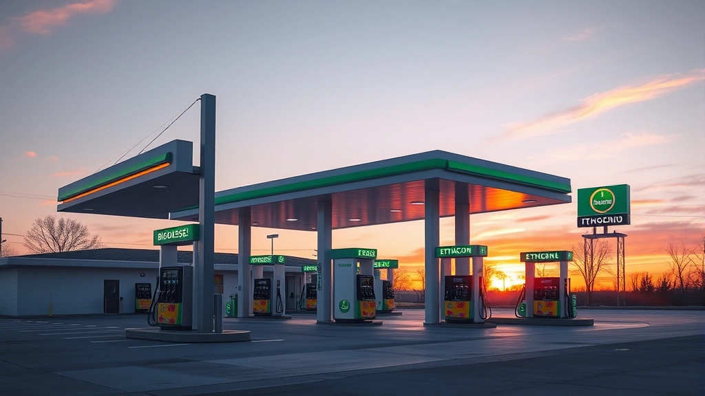 Full service gas station forecourt at sunset showing biodiesel and ethanol pump displays alongside traditional fuel, clear signage, eco-conscious branding, clean facility, modern design elements, photorealistic